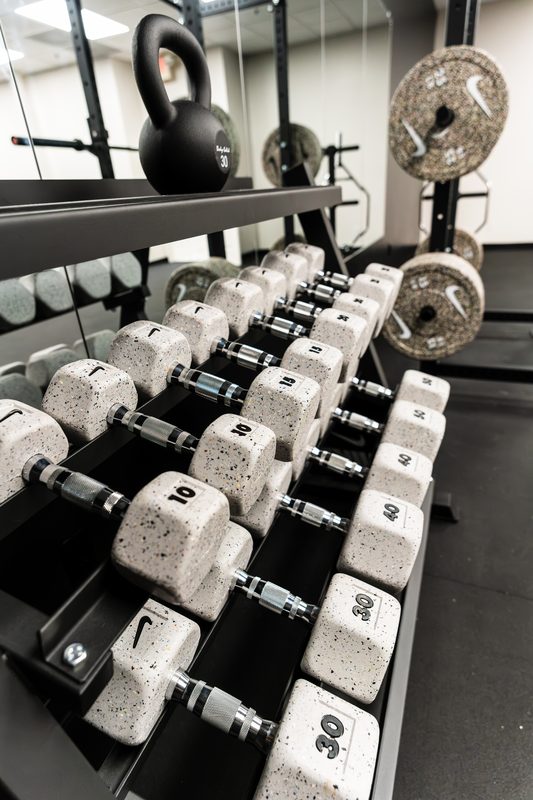 Recycled-material dumbbell rack in the Impact Performance gym